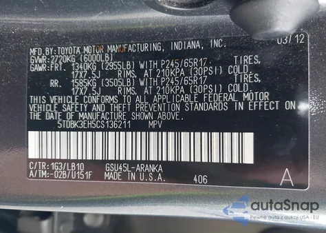 2012 Toyota Highlander Se V6 z USA, uszkodzony, nr VIN 5TDBK3EH5CS136211